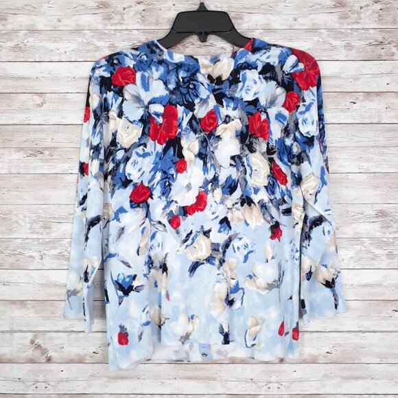White House Black Market Womens Cardigan M Button Up Floral Red Blue 921 - Picture 2 of 6
